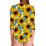 Blue Butterfly Sunflower Pattern Print Long Sleeve Swimsuit