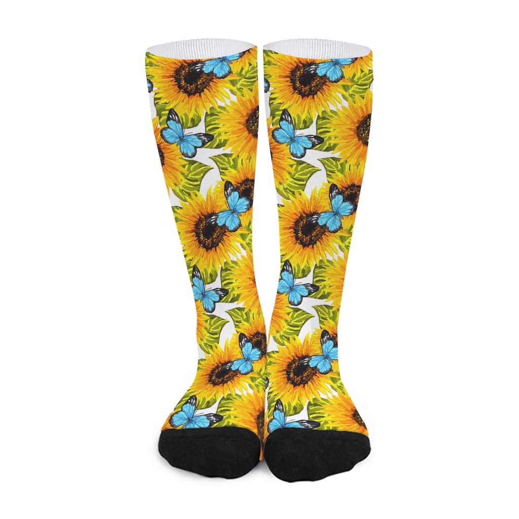 Blue Butterfly Sunflower Pattern Print Long Socks