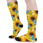 Blue Butterfly Sunflower Pattern Print Long Socks