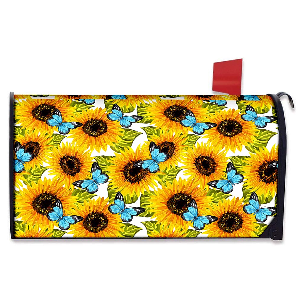 Blue Butterfly Sunflower Pattern Print Mailbox Cover