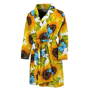 Blue Butterfly Sunflower Pattern Print Men's Bathrobe