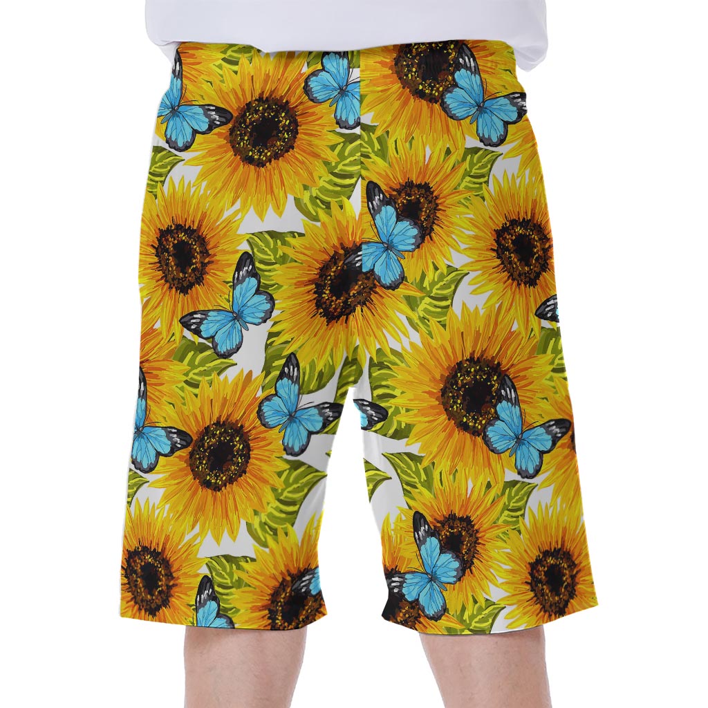 Blue Butterfly Sunflower Pattern Print Men's Beach Shorts