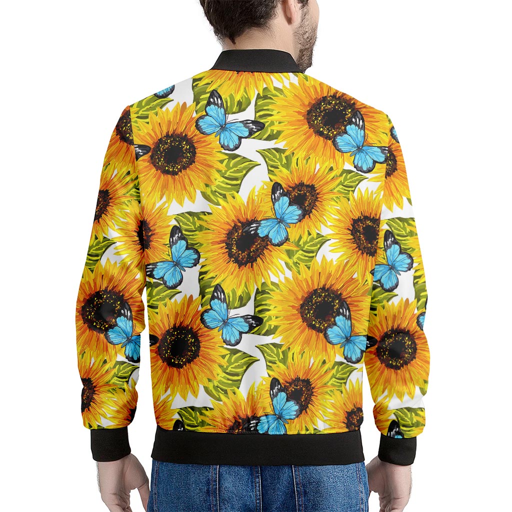 Blue Butterfly Sunflower Pattern Print Men's Bomber Jacket