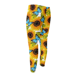 Blue Butterfly Sunflower Pattern Print Men's Compression Pants