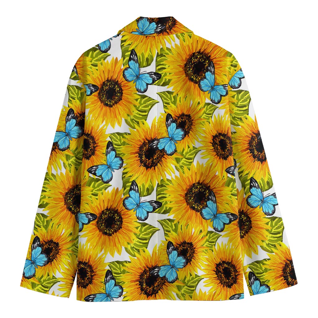 Blue Butterfly Sunflower Pattern Print Men's Cotton Blazer