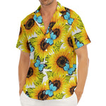 Blue Butterfly Sunflower Pattern Print Men's Deep V-Neck Shirt