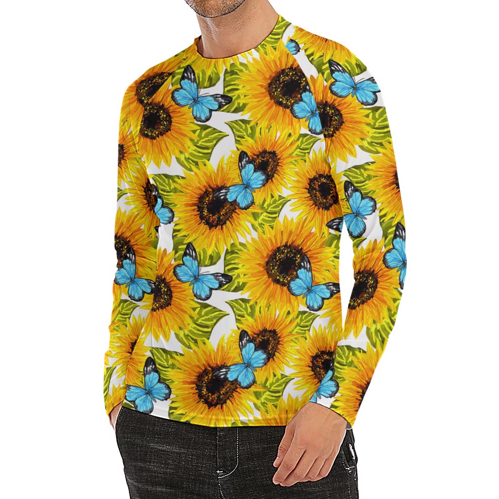 Blue Butterfly Sunflower Pattern Print Men's Long Sleeve Rash Guard