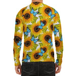 Blue Butterfly Sunflower Pattern Print Men's Long Sleeve Rash Guard
