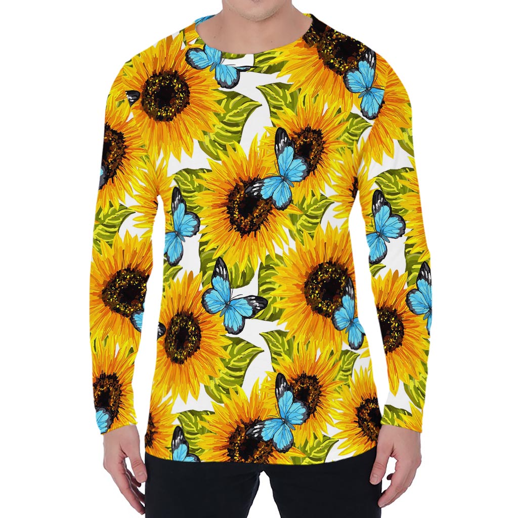 Blue Butterfly Sunflower Pattern Print Men's Long Sleeve T-Shirt