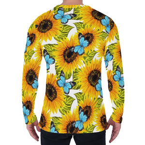 Blue Butterfly Sunflower Pattern Print Men's Long Sleeve T-Shirt