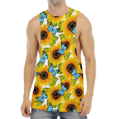 Blue Butterfly Sunflower Pattern Print Men's Muscle Tank Top