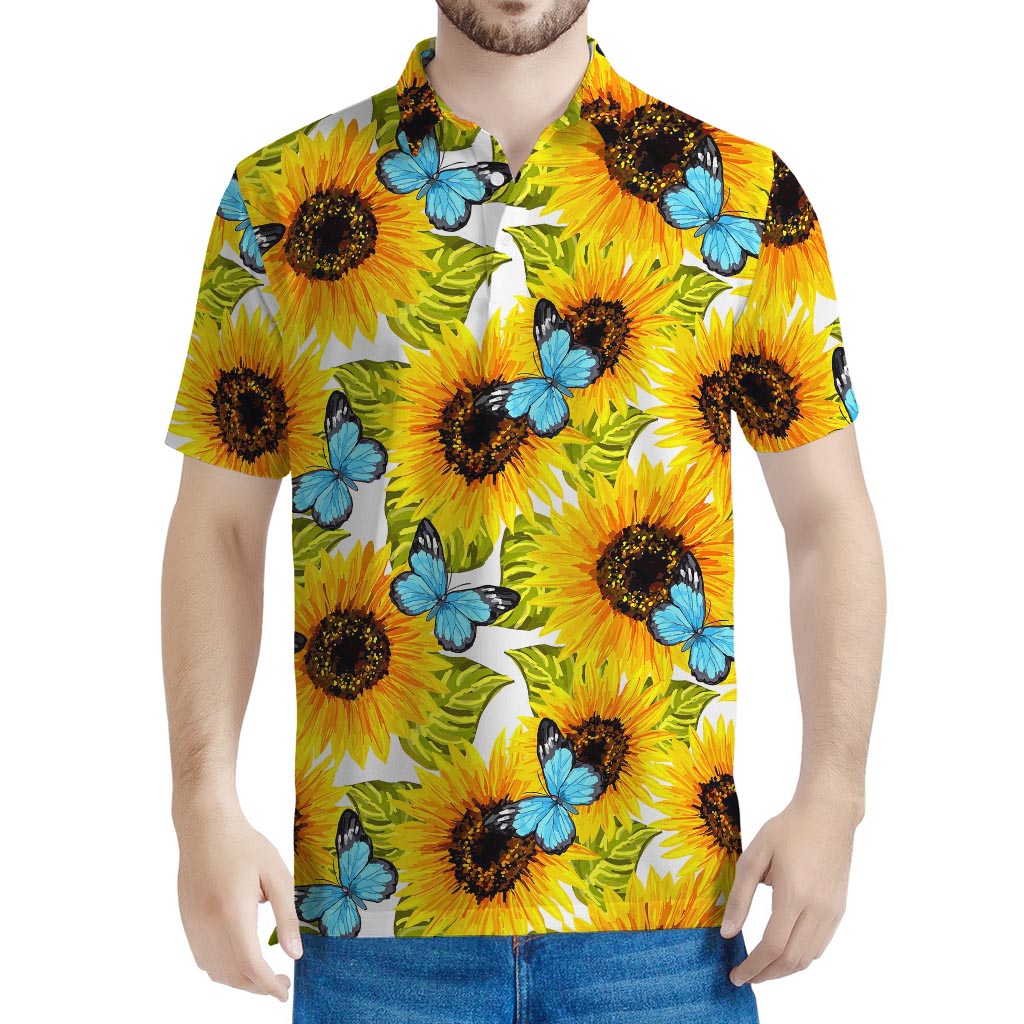 Blue Butterfly Sunflower Pattern Print Men's Polo Shirt