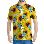 Blue Butterfly Sunflower Pattern Print Men's Polo Shirt