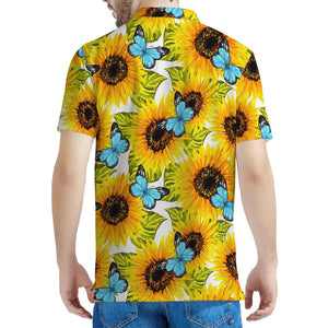 Blue Butterfly Sunflower Pattern Print Men's Polo Shirt