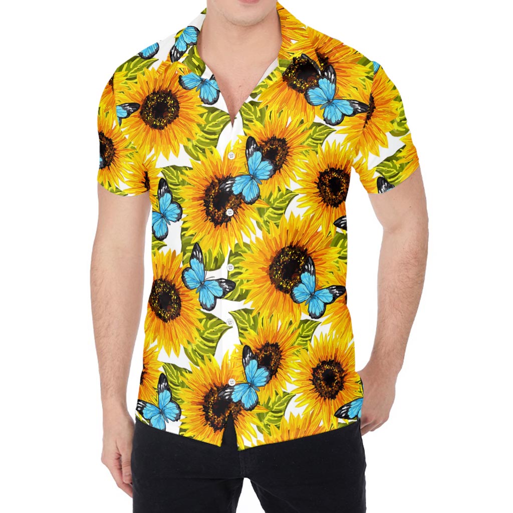 Blue Butterfly Sunflower Pattern Print Men's Shirt