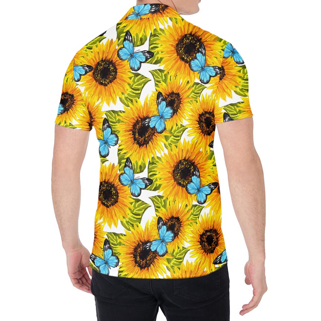 Blue Butterfly Sunflower Pattern Print Men's Shirt