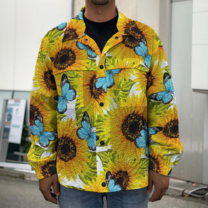 Blue Butterfly Sunflower Pattern Print Men's Shirt Jacket