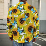 Blue Butterfly Sunflower Pattern Print Men's Shirt Jacket