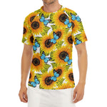 Blue Butterfly Sunflower Pattern Print Men's Short Sleeve Rash Guard