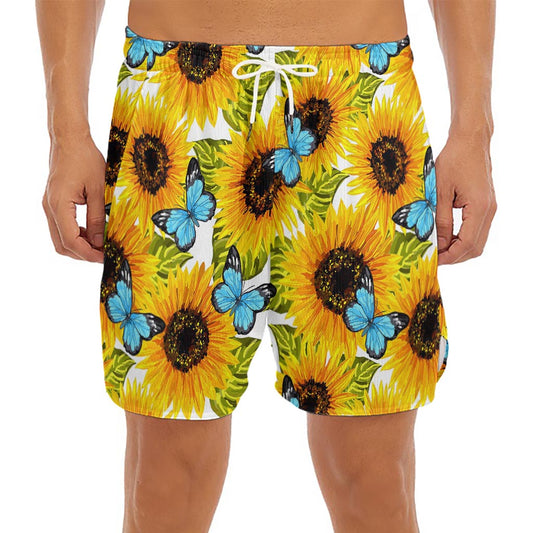 Blue Butterfly Sunflower Pattern Print Men's Split Running Shorts