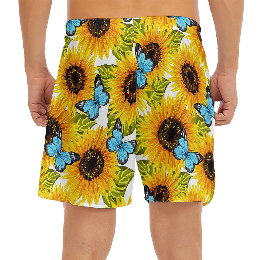 Blue Butterfly Sunflower Pattern Print Men's Split Running Shorts