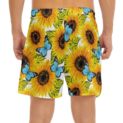 Blue Butterfly Sunflower Pattern Print Men's Split Running Shorts