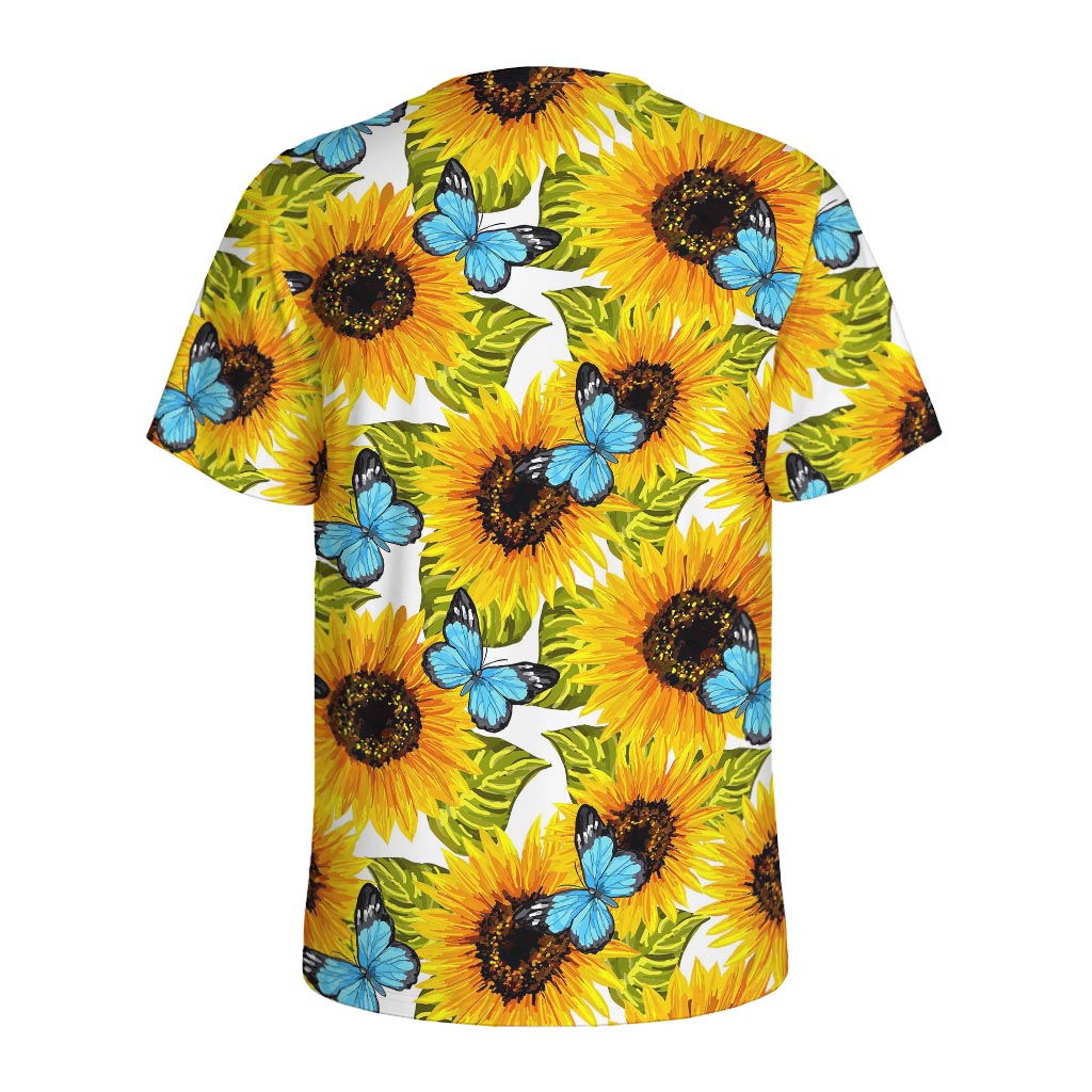 Blue Butterfly Sunflower Pattern Print Men's Sports T-Shirt