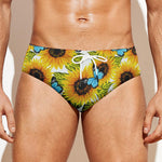 Blue Butterfly Sunflower Pattern Print Men's Swim Briefs