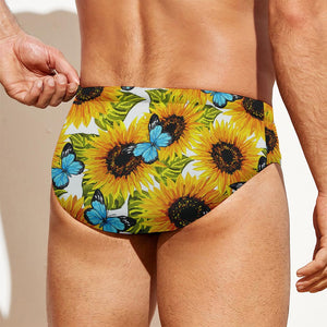 Blue Butterfly Sunflower Pattern Print Men's Swim Briefs