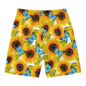 Blue Butterfly Sunflower Pattern Print Men's Swim Trunks