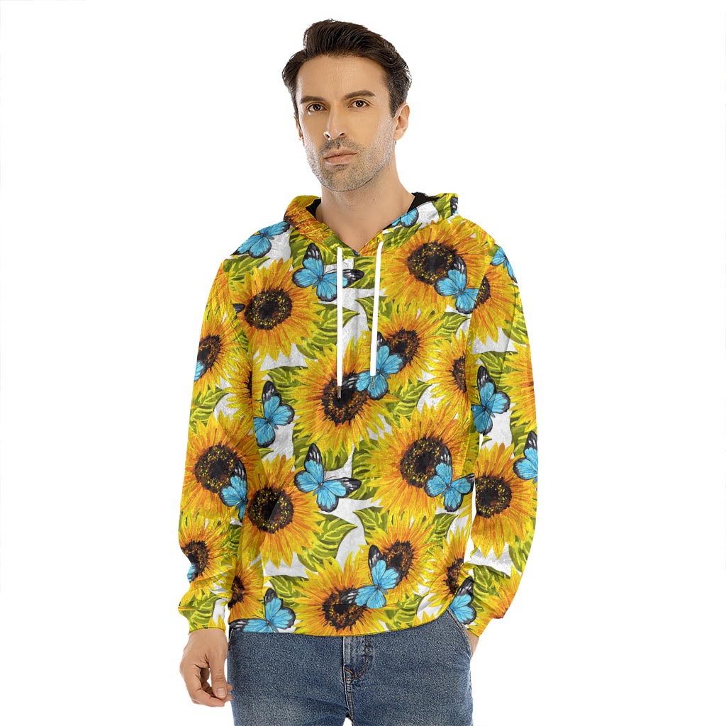 Blue Butterfly Sunflower Pattern Print Men's Velvet Pullover Hoodie