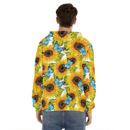 Blue Butterfly Sunflower Pattern Print Men's Velvet Pullover Hoodie