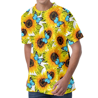 Blue Butterfly Sunflower Pattern Print Men's Velvet T-Shirt