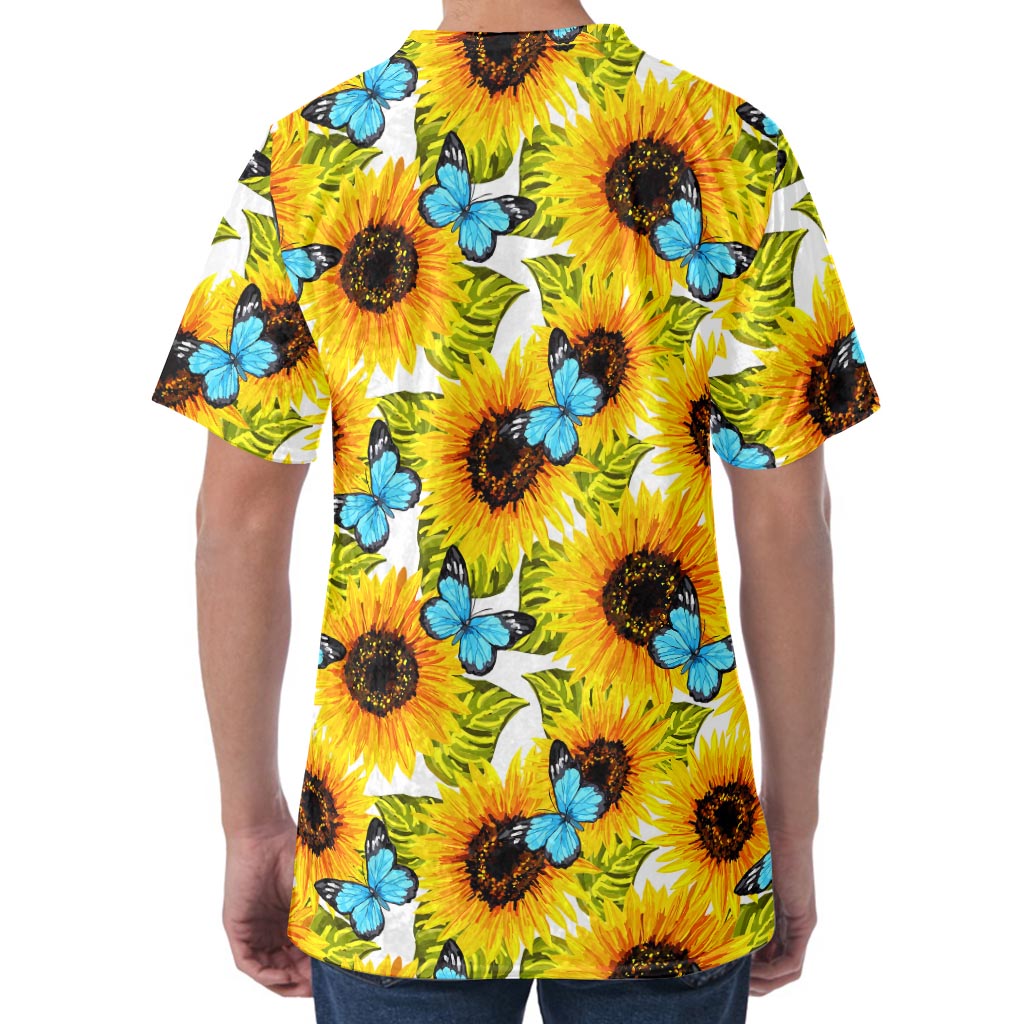 Blue Butterfly Sunflower Pattern Print Men's Velvet T-Shirt