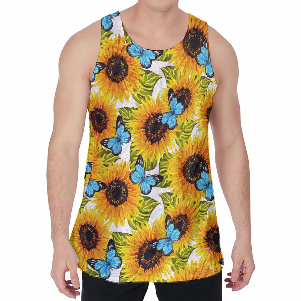 Blue Butterfly Sunflower Pattern Print Men's Velvet Tank Top