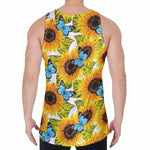 Blue Butterfly Sunflower Pattern Print Men's Velvet Tank Top