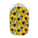 Blue Butterfly Sunflower Pattern Print Mesh Laundry Hamper