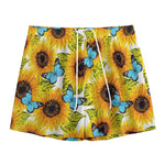 Blue Butterfly Sunflower Pattern Print Mesh Shorts