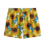 Blue Butterfly Sunflower Pattern Print Mesh Shorts