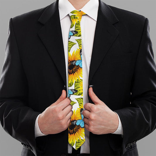 Blue Butterfly Sunflower Pattern Print Necktie