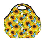 Blue Butterfly Sunflower Pattern Print Neoprene Lunch Bag