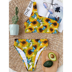 Blue Butterfly Sunflower Pattern Print One Shoulder Bikini Top