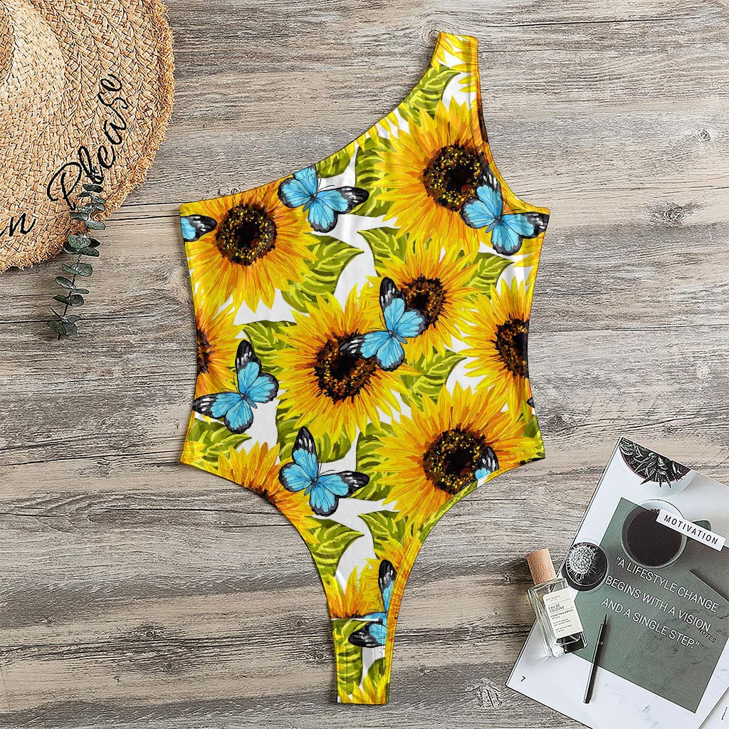 Blue Butterfly Sunflower Pattern Print One Shoulder Bodysuit