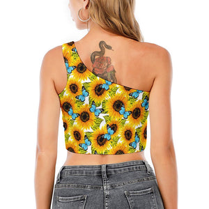 Blue Butterfly Sunflower Pattern Print One Shoulder Crop Top