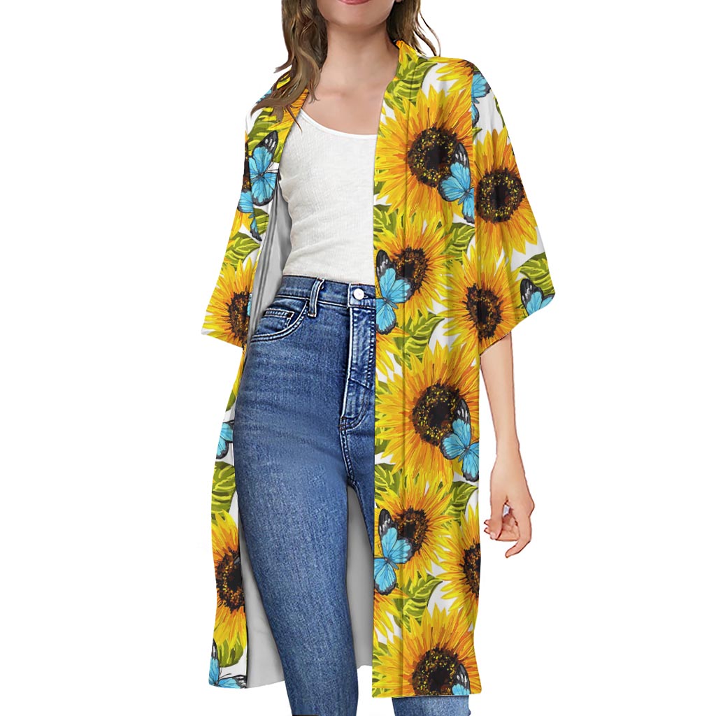 Blue Butterfly Sunflower Pattern Print Open Front Beach Cover Up