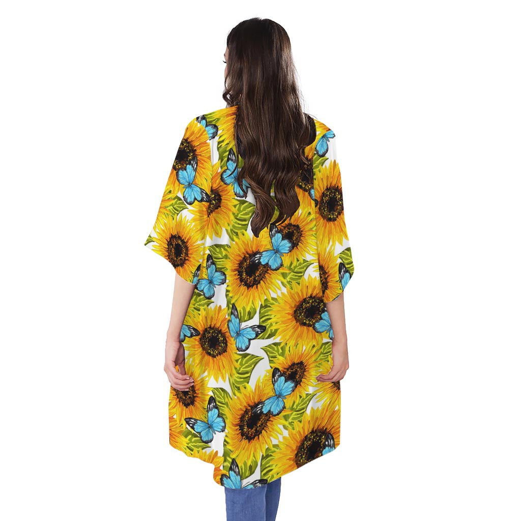 Blue Butterfly Sunflower Pattern Print Open Front Beach Cover Up