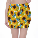 Blue Butterfly Sunflower Pattern Print Pencil Mini Skirt