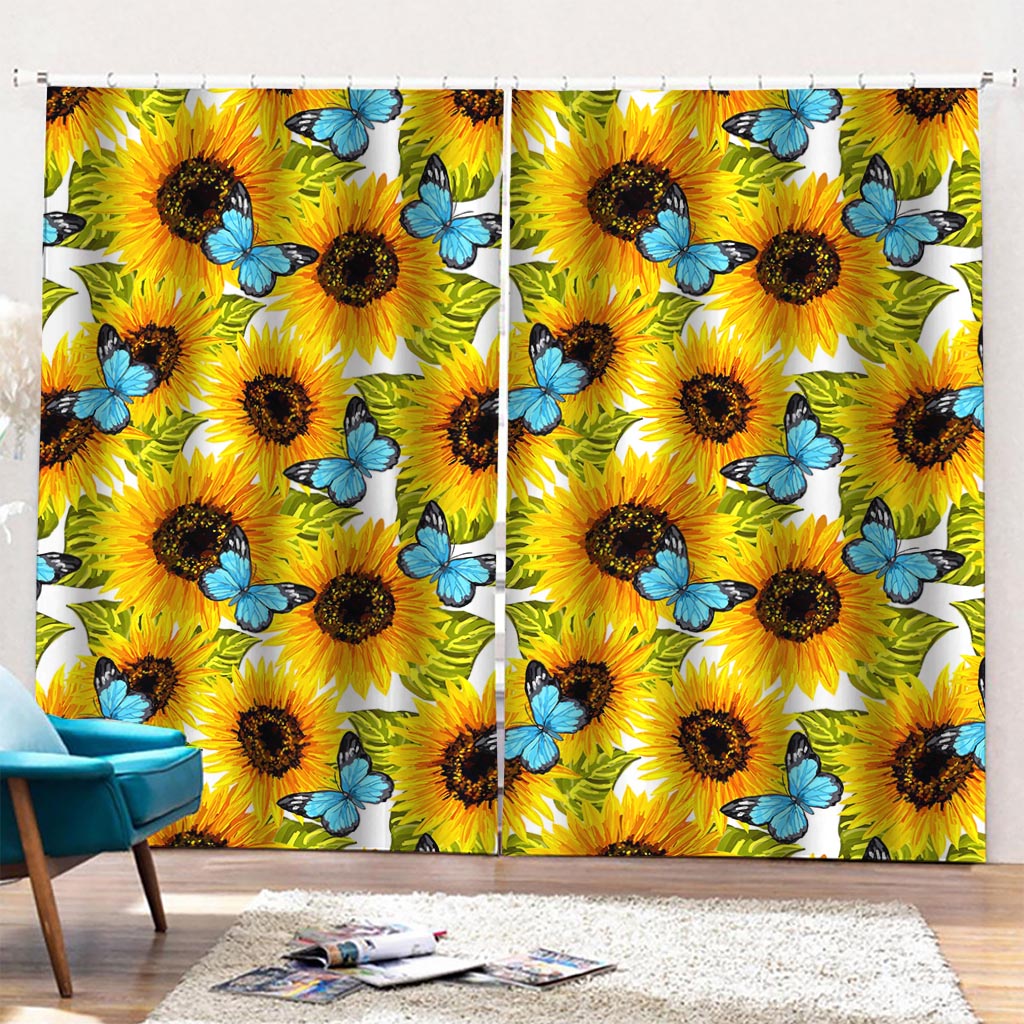 Blue Butterfly Sunflower Pattern Print Pencil Pleat Curtains