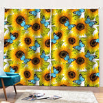 Blue Butterfly Sunflower Pattern Print Pencil Pleat Curtains