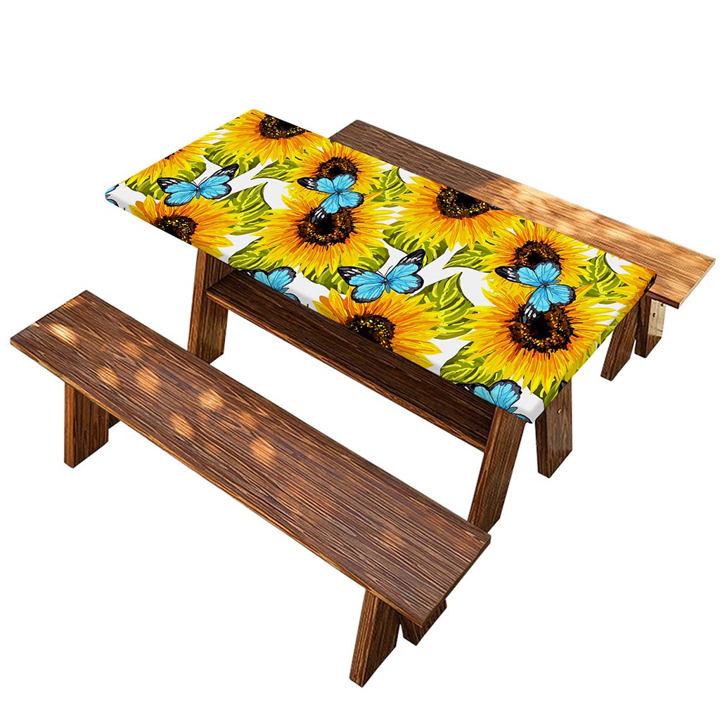Blue Butterfly Sunflower Pattern Print Picnic Table Cover
